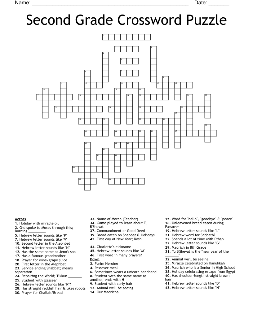 Second Grade Crossword Puzzle WordMint