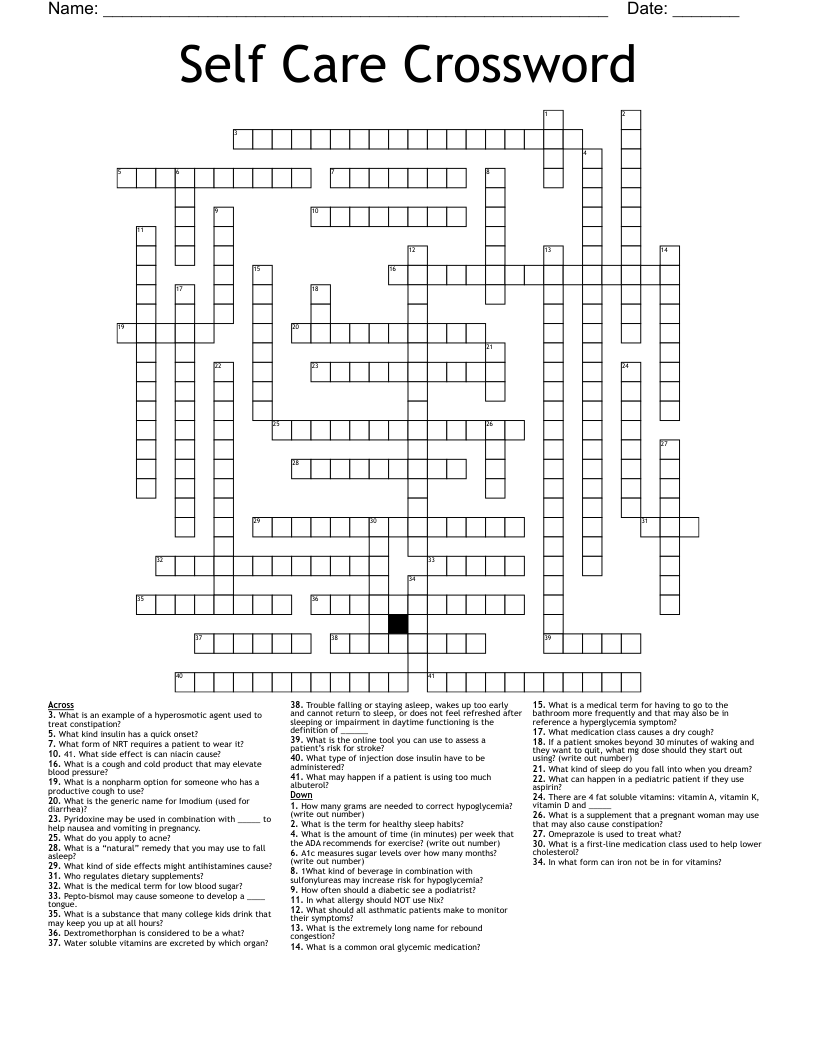 Self Care Crossword WordMint Self Care Crossword WordMint