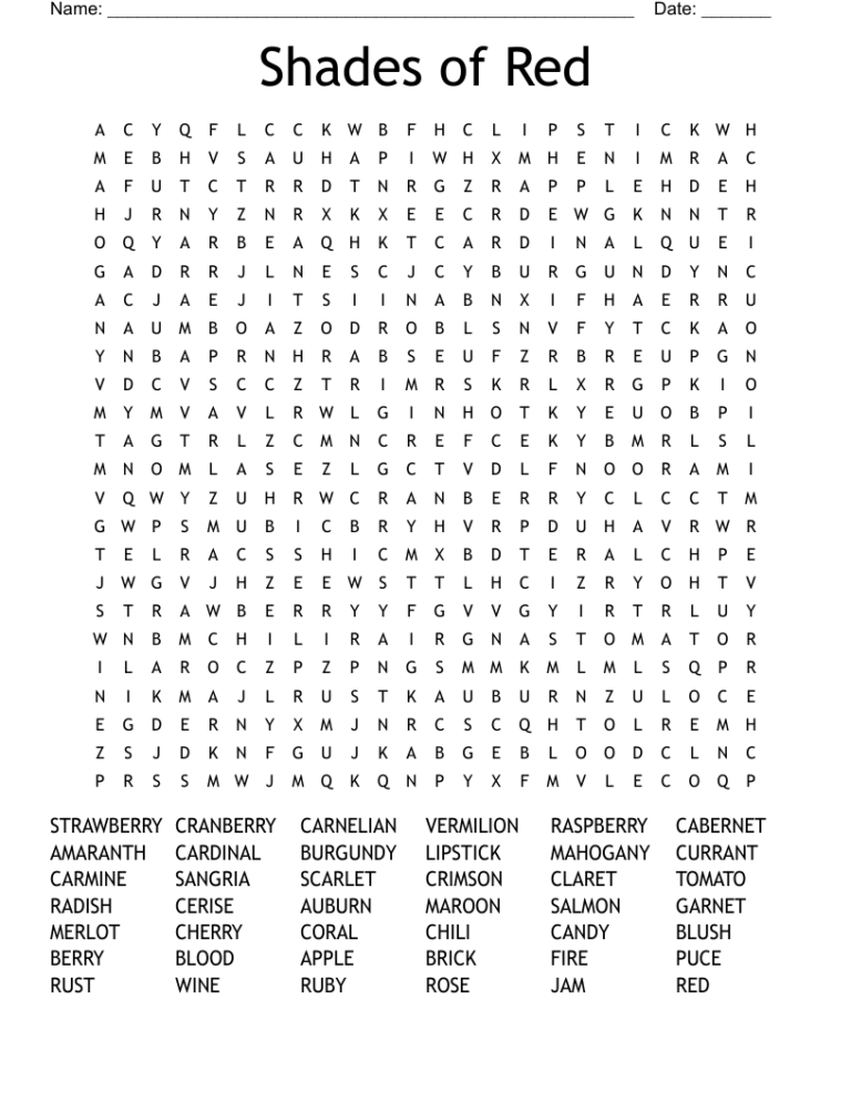 Shades Of Red Word Search WordMint