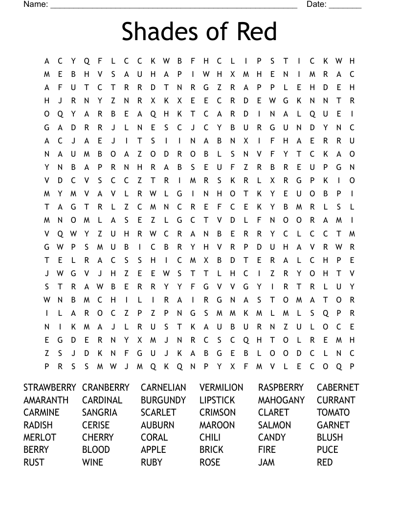 Shades Of Red Word Search WordMint Shades Of Red Word Search WordMint