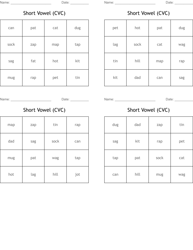 Short Vowel CVC Bingo Cards WordMint Short Vowel CVC Bingo Cards WordMint