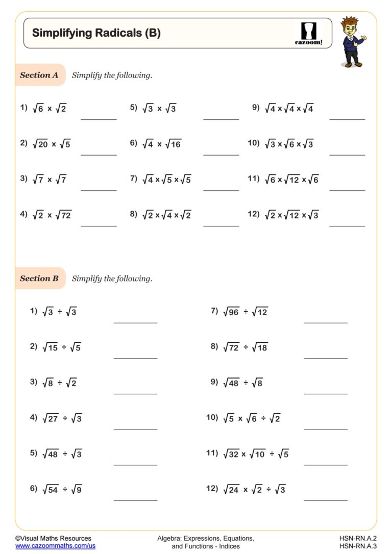 Simplifying Radicals B Worksheet Fun And Engaging Algebra I PDF Worksheets Cazoom Math