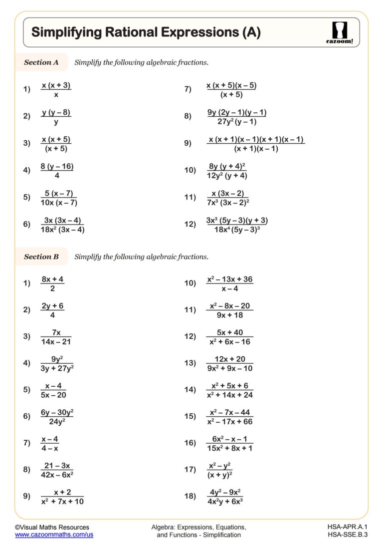 Simplifying Rational Expressions A Worksheet Algebra II PDF Worksheets Cazoom Math