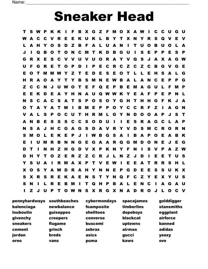 Sneaker Head Word Search WordMint Sneaker Head Word Search WordMint