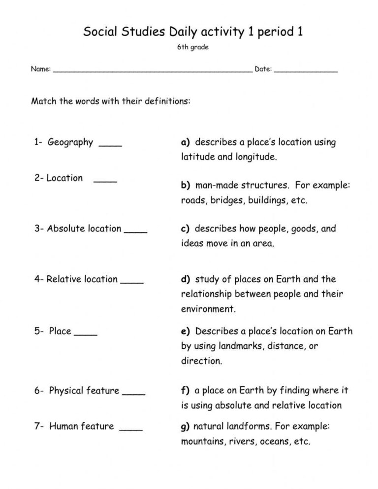 Social Studies Daily Activity 1 Period 1 Grade 6 Worksheet Worksheets Library