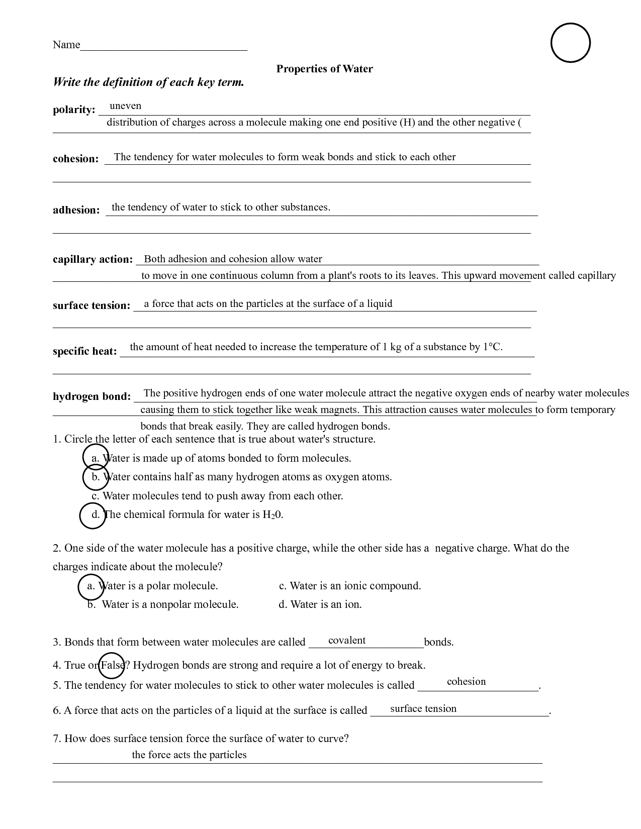 properties of water worksheet properties of water worksheet