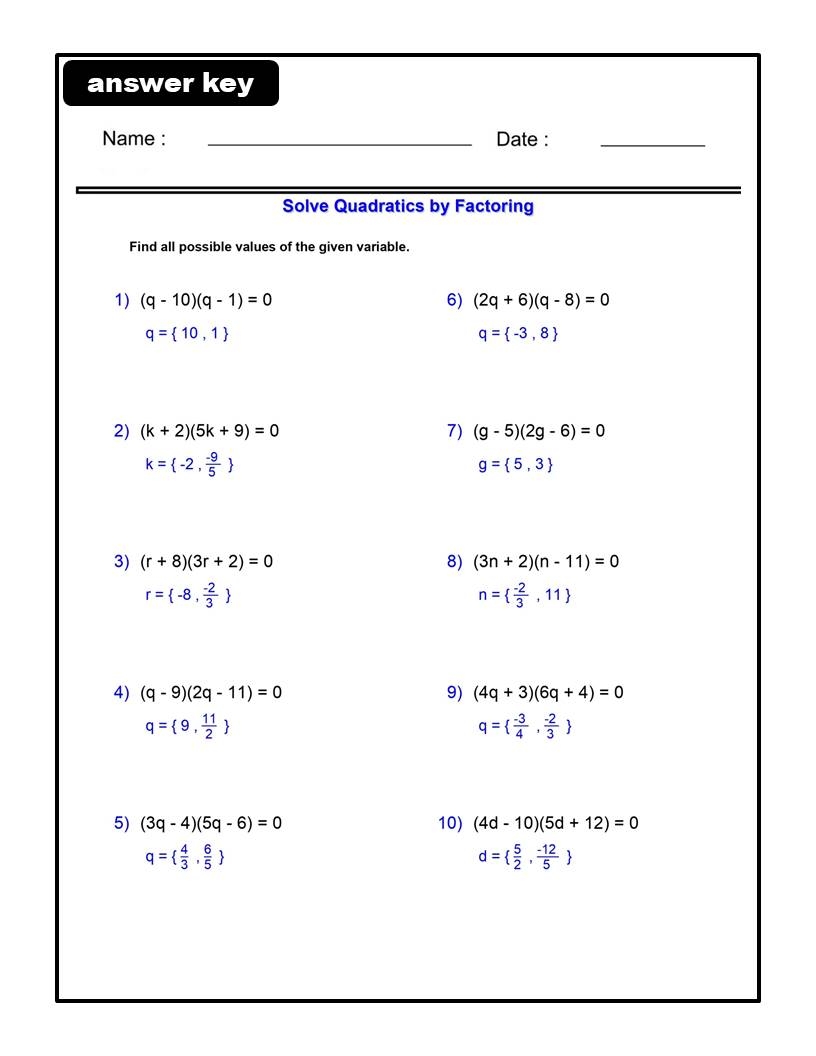 quadratic equations solve by factoring worksheet quadratic equations solve by factoring worksheet
