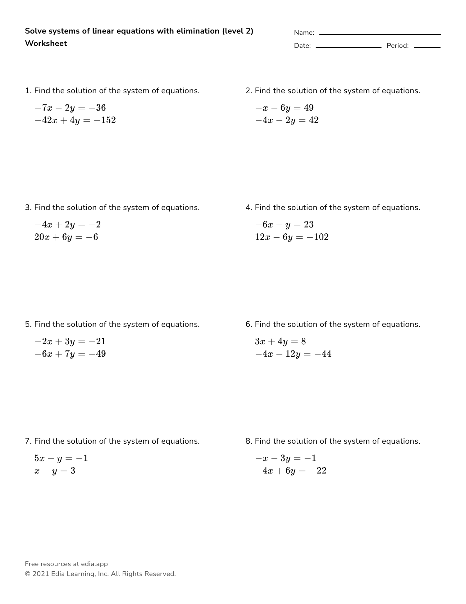 Solve Systems Of Linear Equations With Elimination level 2 Worksheet Solve Systems Of Linear Equations With Elimination level 2 Worksheet
