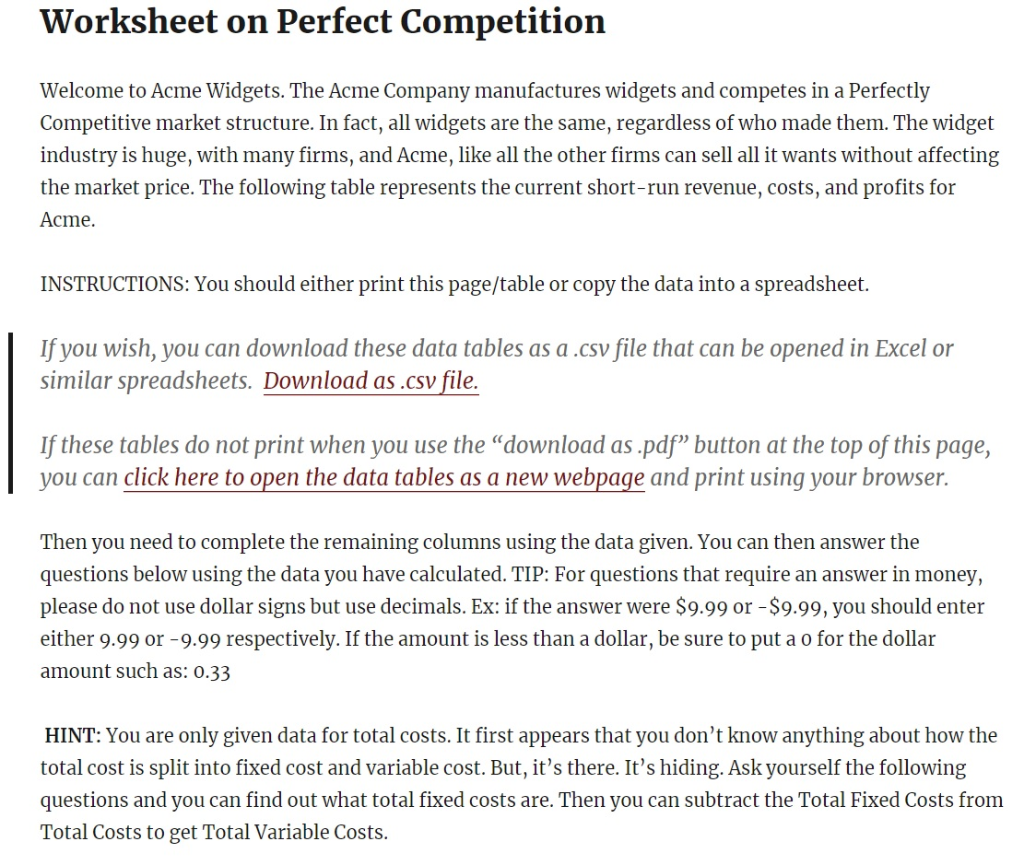 Solved Worksheet On Perfect Competition Welcome To Acme Chegg Solved Worksheet On Perfect Competition Welcome To Acme Chegg