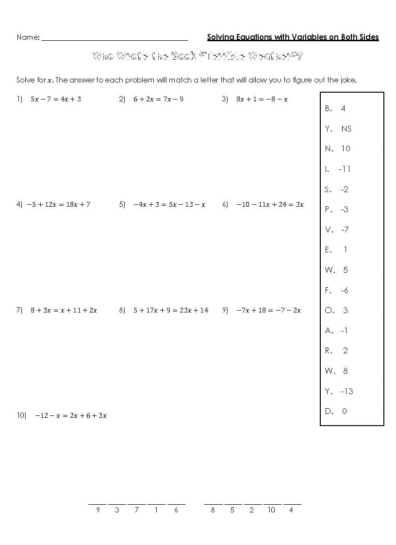 solving equations with variables on both sides worksheet solving equations with variables on both sides worksheet