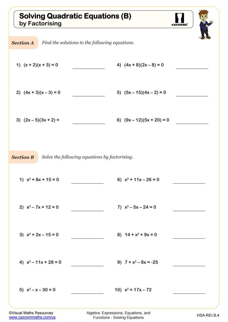 Solving Quadratic Equations B By Factoring Worksheet Algebra I PDF Worksheets Cazoom Math