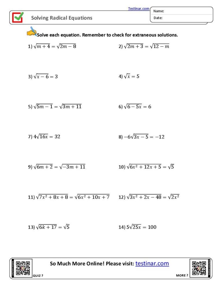 Solving Radical Equations Worksheets