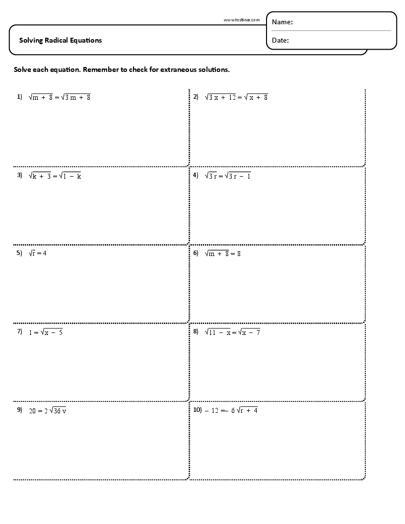 Solving Radical Equations Worksheets Solving Radical Equations Worksheets