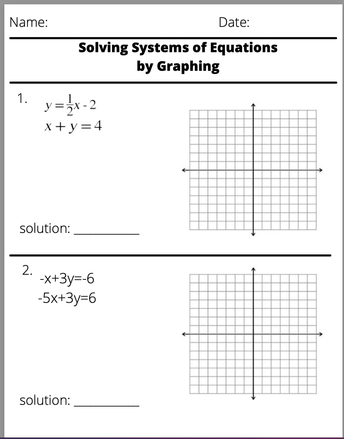 Solving Systems Of Equations By Graphing Worksheet Etsy Solving Systems Of Equations By Graphing Worksheet Etsy