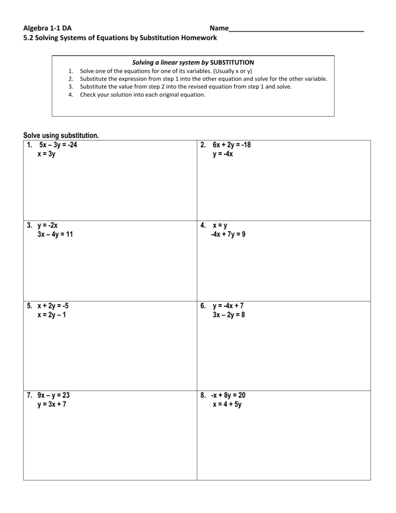Solving Systems Of Equations By Substitution Homework Solving Systems Of Equations By Substitution Homework
