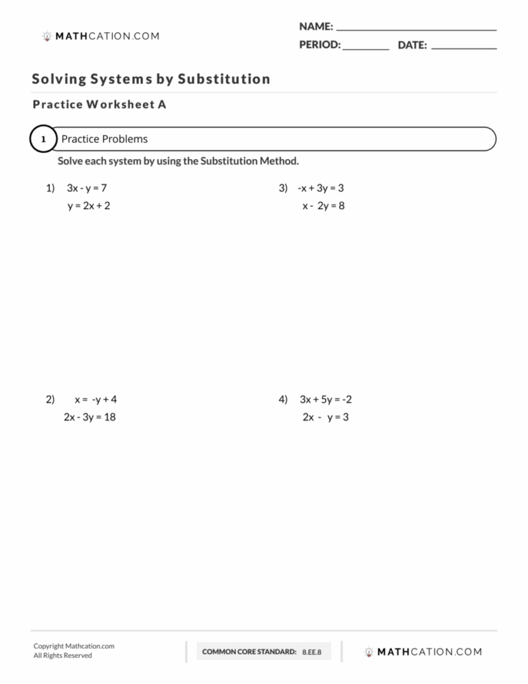Solving Systems Of Equations By Substitution Worksheet Examples And Video