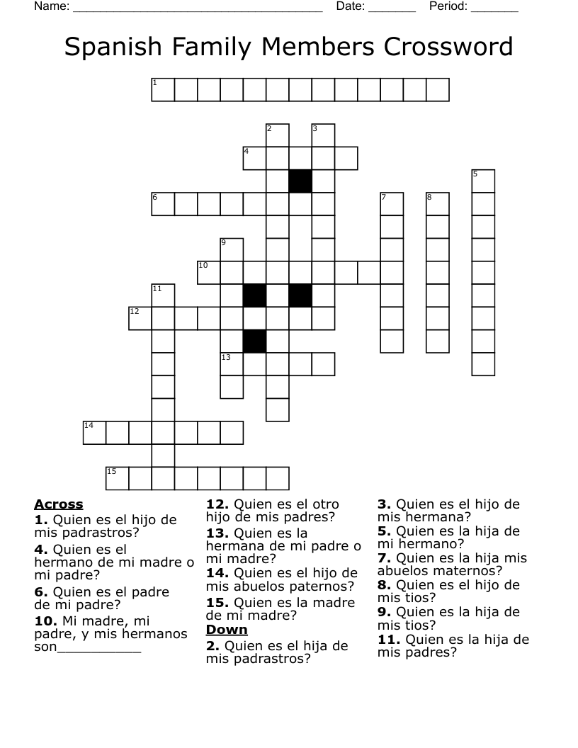 Spanish Family Members Crossword WordMint Spanish Family Members Crossword WordMint