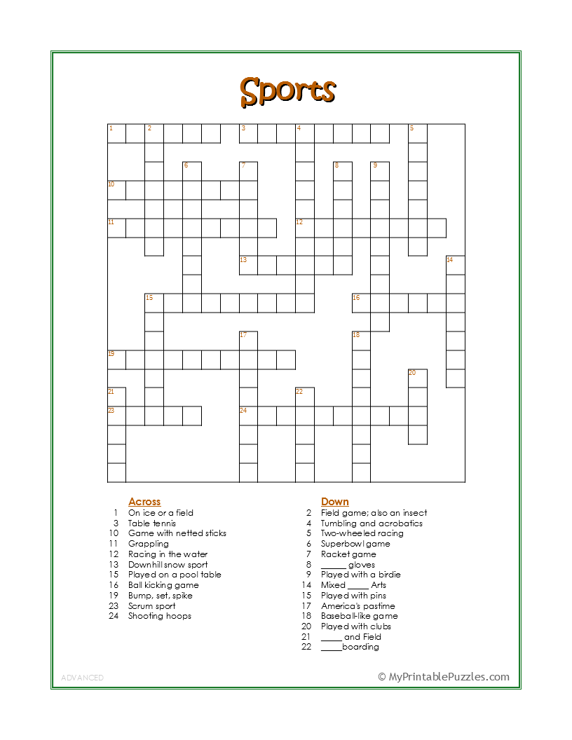 Sports Crossword Puzzle Advanced My Printable Puzzles Sports Crossword Puzzle Advanced My Printable Puzzles