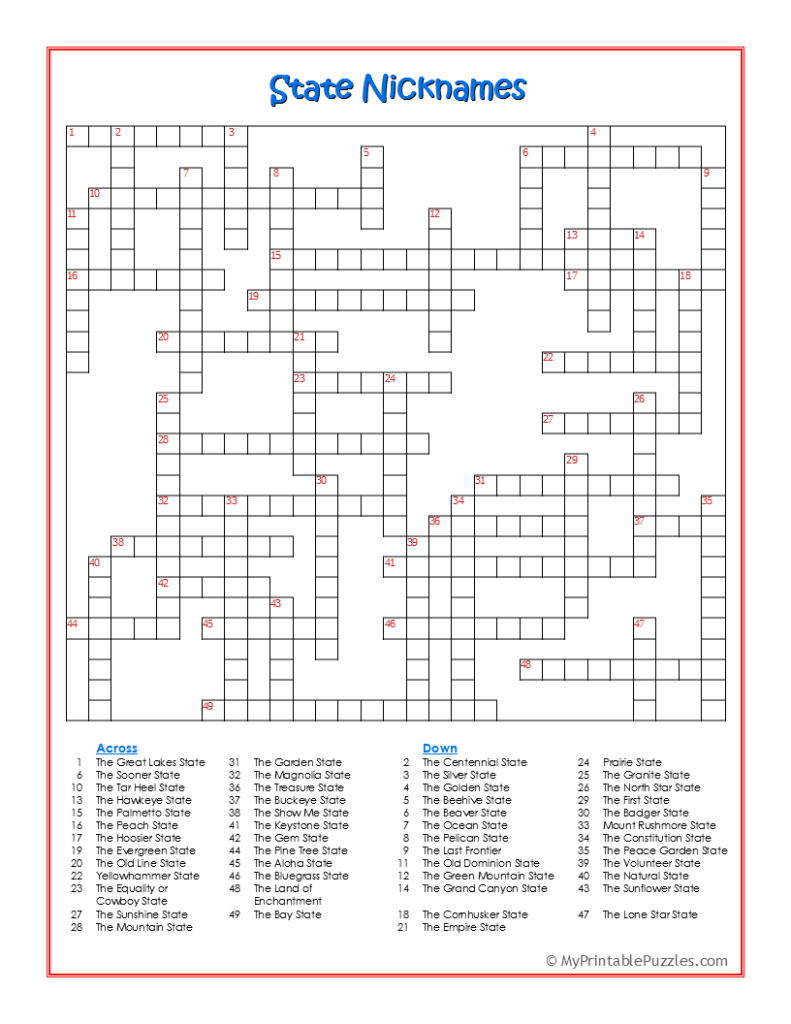 State Nicknames Crossword Puzzle My Printable Puzzles State Nicknames Crossword Puzzle My Printable Puzzles