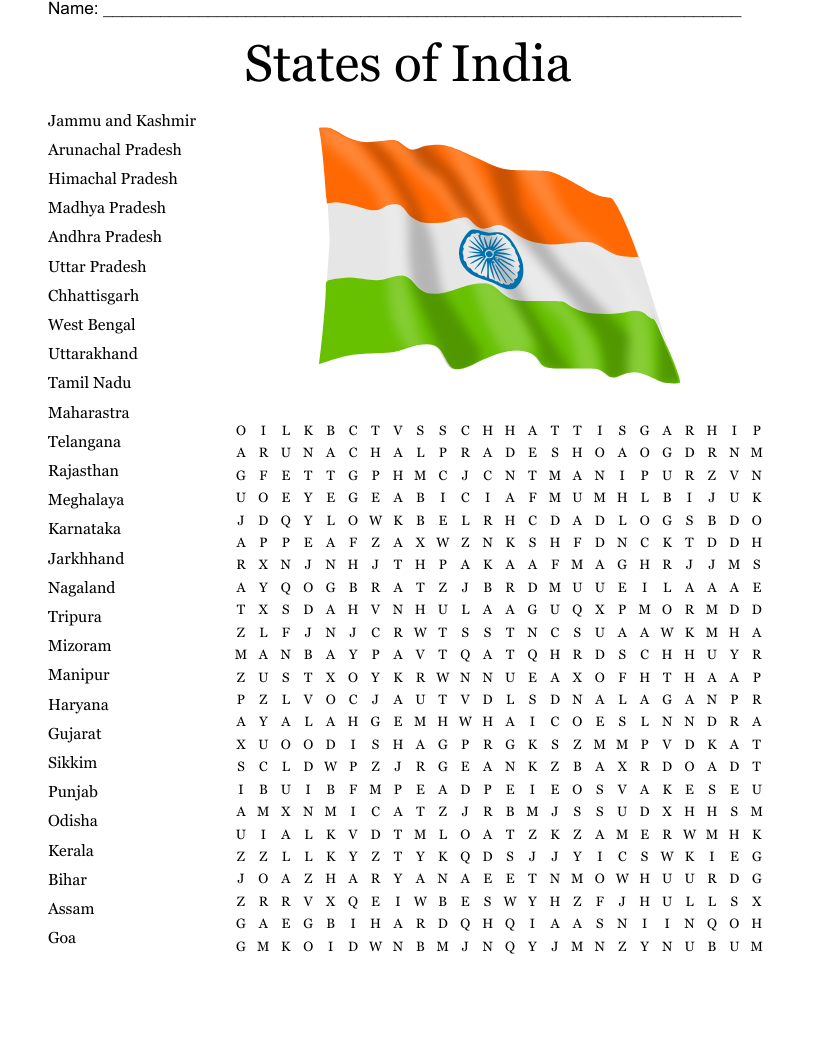 States Of India Word Search WordMint States Of India Word Search WordMint