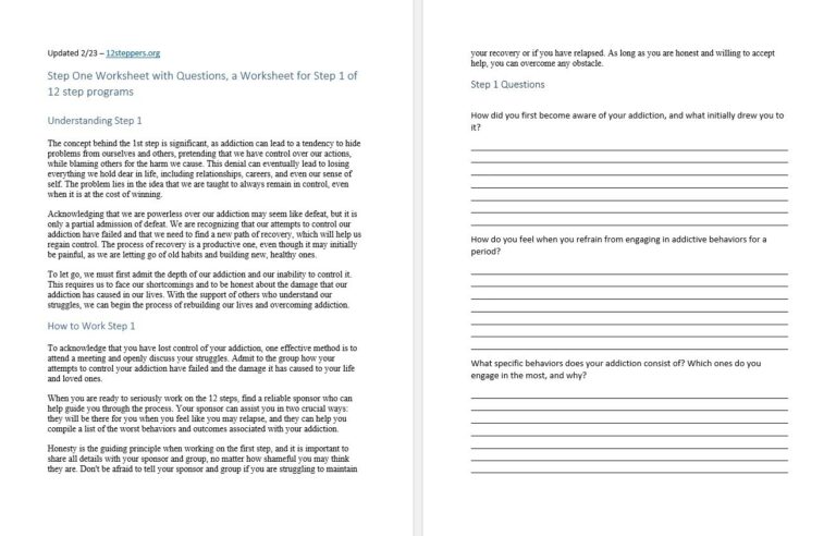 Step 1 Worksheet With Questions Free PDF Download Print 12 Steppers