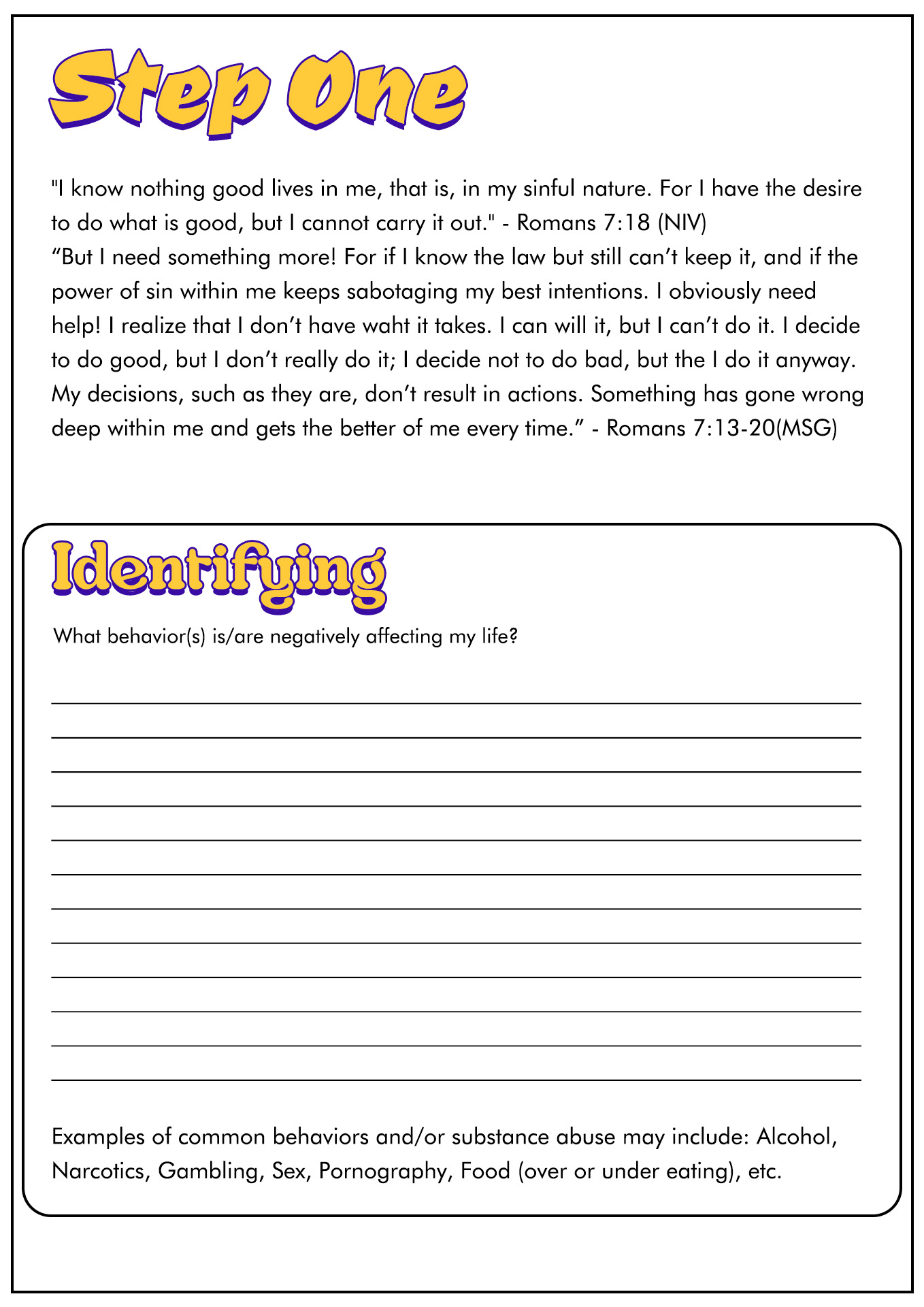 Step One Recovery Worksheets Step One Recovery Worksheets