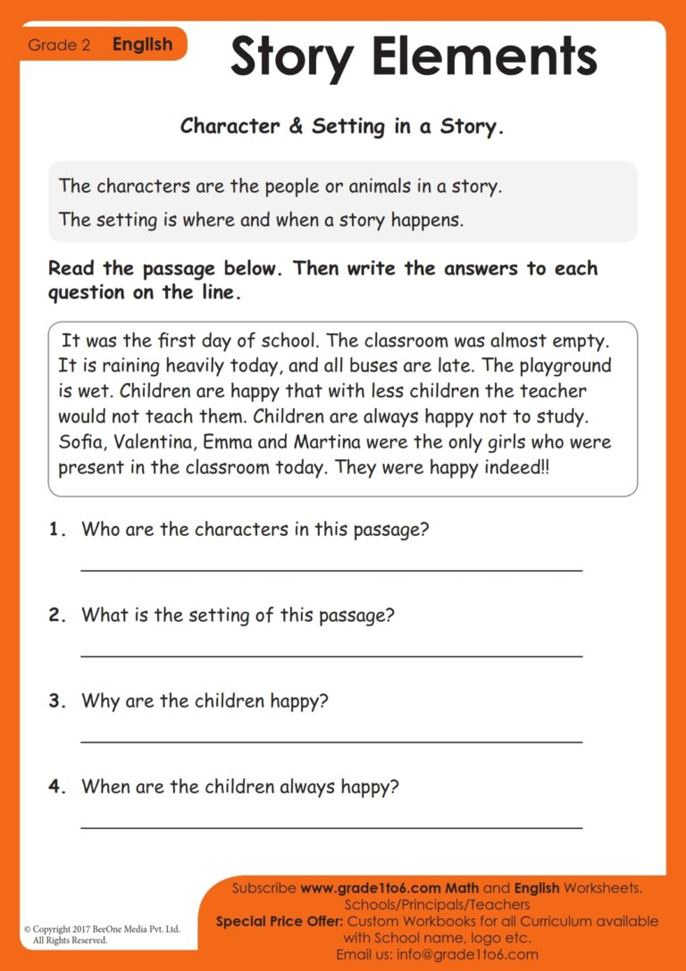 Story Elements Worksheets Grade1to6