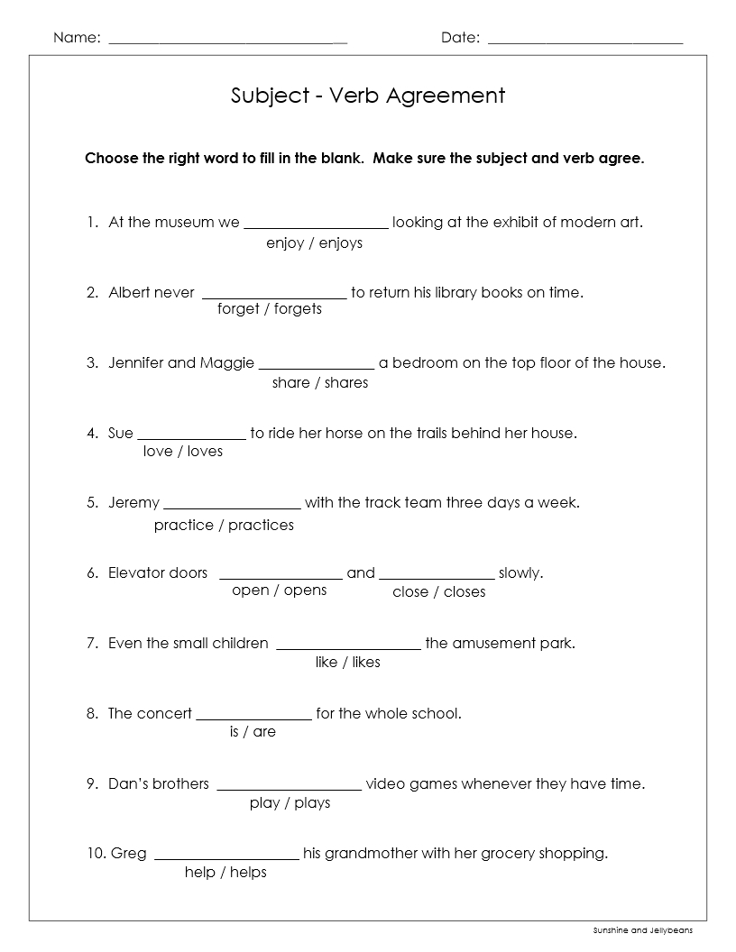 subject verb agreement worksheet