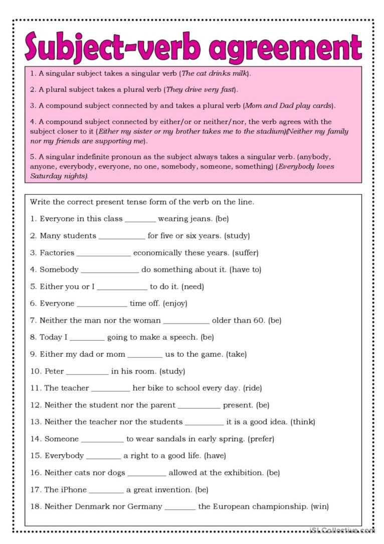 grammar subject verb agreement worksheet grammar subject verb agreement worksheet