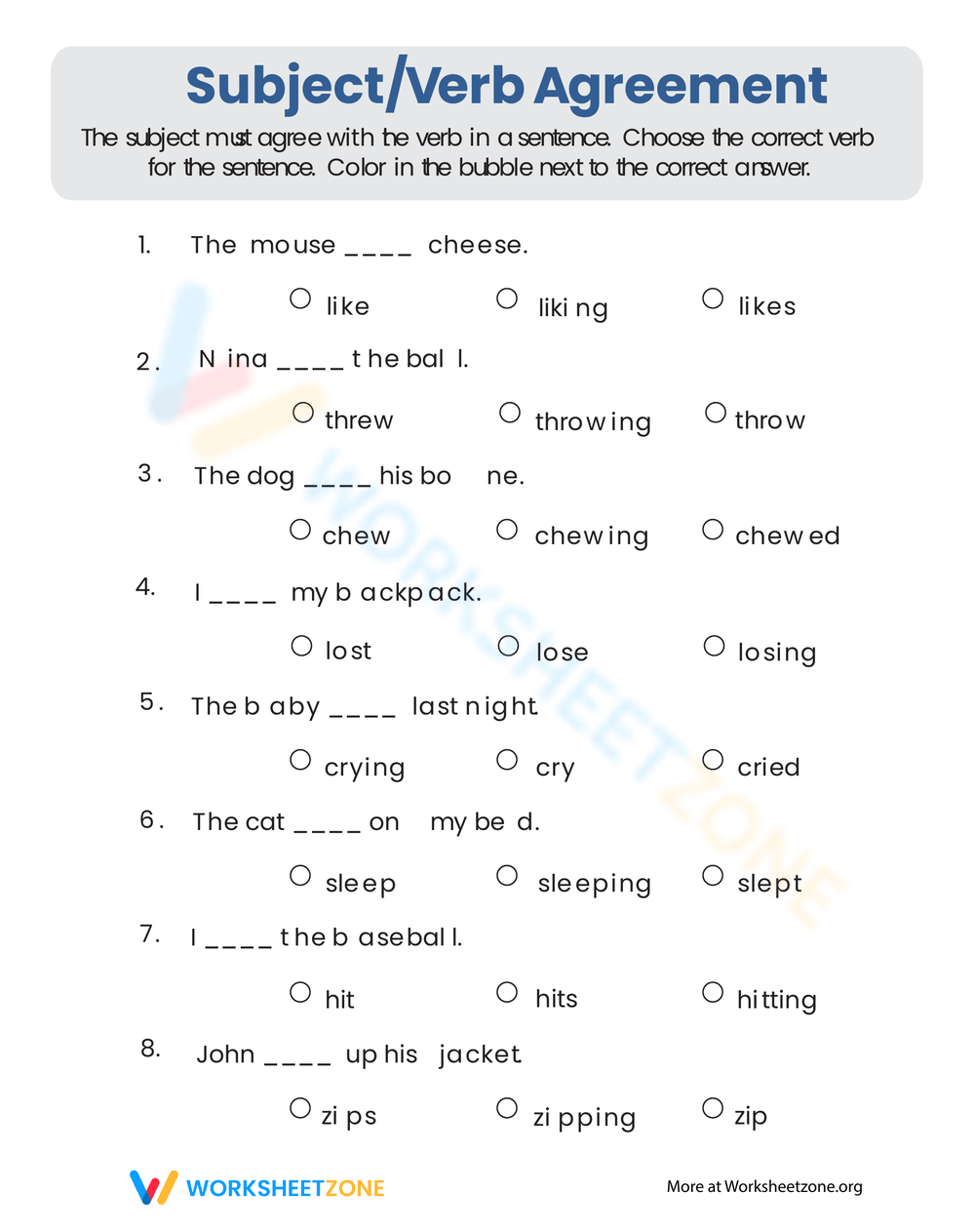 Subject Verb Agreement Quiz For Grammar Practice Worksheet Subject Verb Agreement Quiz For Grammar Practice Worksheet