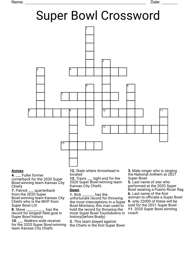 Super Bowl Crossword WordMint