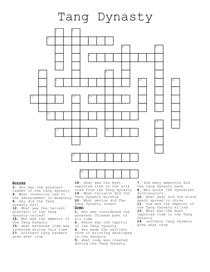 Tang Dynasty Crossword WordMint