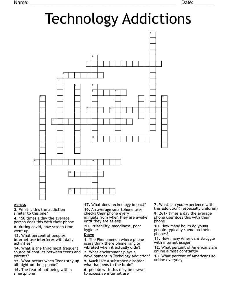 Technology Addictions Crossword WordMint Technology Addictions Crossword WordMint