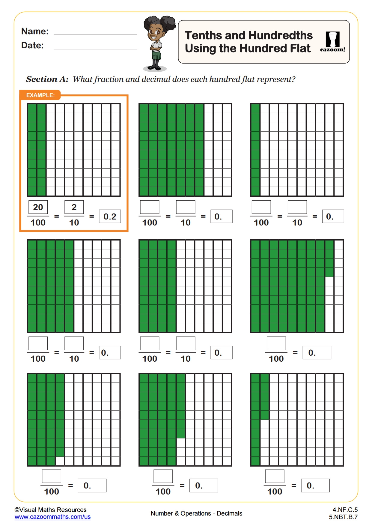 Tenths And Hundredths Using The Hundred Square 4th Grade PDF Number And Operations Worksheets Cazoom Math Tenths And Hundredths Using The Hundred Square 4th Grade PDF Number And Operations Worksheets Cazoom Math