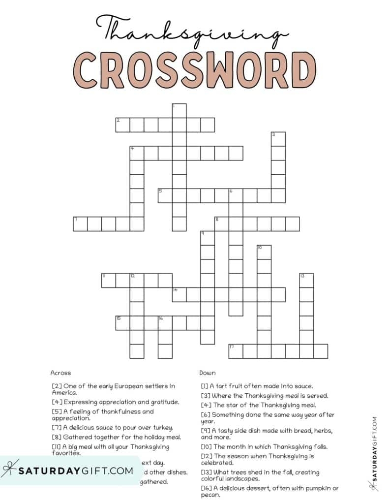 Thanksgiving Crossword Puzzle Cute Free Printable SaturdayGift Thanksgiving Crossword Puzzle Cute Free Printable SaturdayGift
