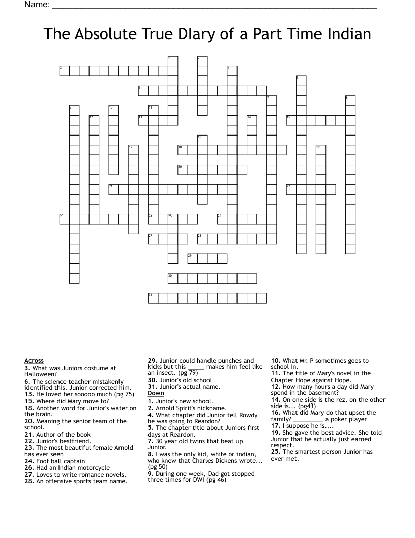 The Absolute True DIary Of A Part Time Indian Crossword WordMint The Absolute True DIary Of A Part Time Indian Crossword WordMint