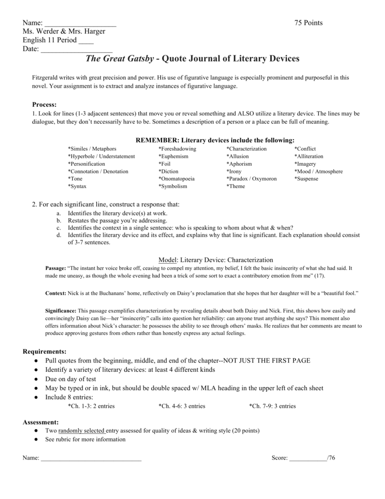 The Great Gatsby Quote Journal Literary Device Analysis The Great Gatsby Quote Journal Literary Device Analysis