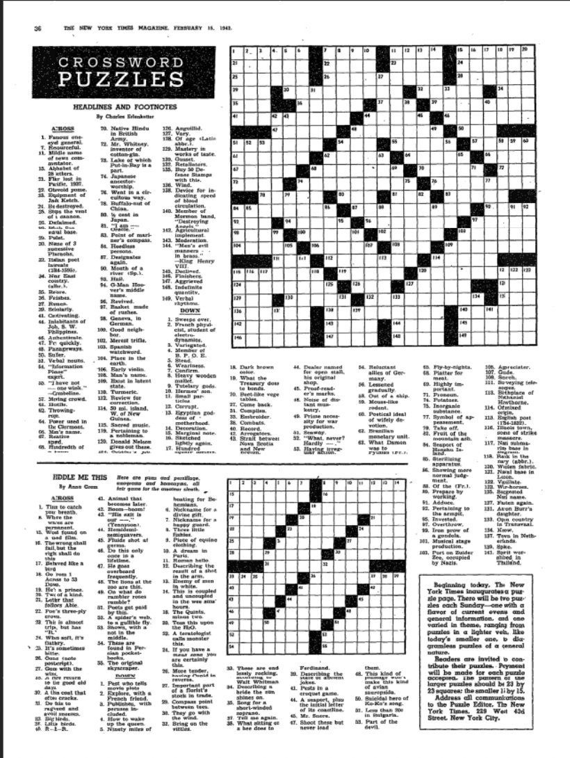 The New York Times Archives On X The First New York Times Crossword Puzzle Appeared In The Sunday Paper On Feb 15 1942 Https t co w2kfaZjKgQ Https t co UrodRxCeHL X The New York Times Archives On X The First New York Times Crossword Puzzle Appeared In The Sunday Paper On Feb 15 1942 Https t co w2kfaZjKgQ Https t co UrodRxCeHL X