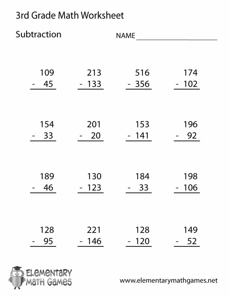 Third Grade Subtraction Worksheet