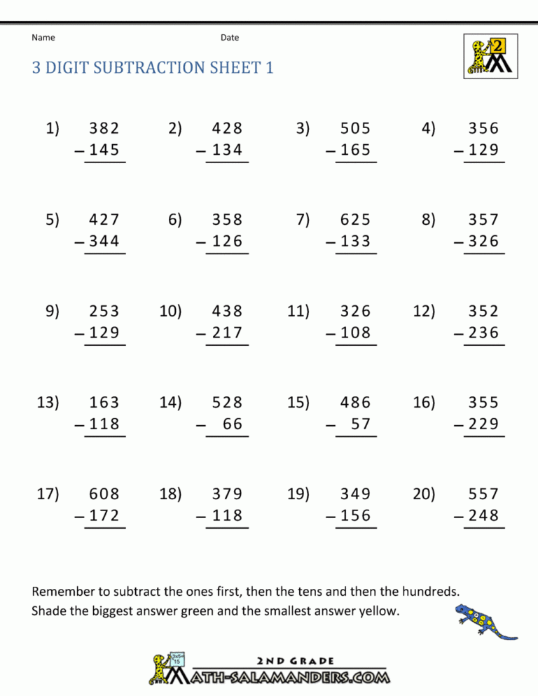 Three Digit Subtraction With Regrouping Worksheets