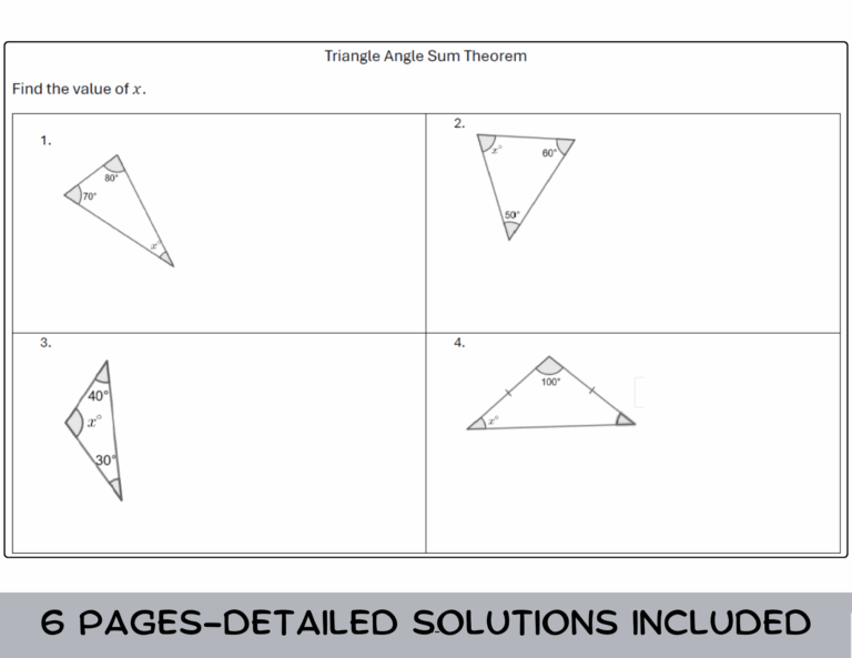 Triangle Angle Sum Theorem Worksheet with Solutions Teaching Resources