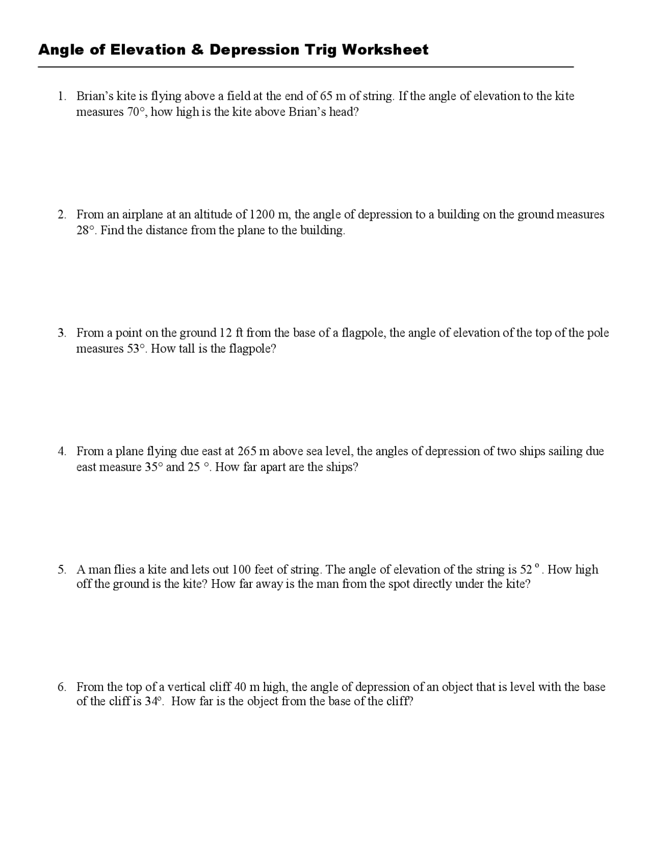angle of elevation and depression worksheet angle of elevation and depression worksheet