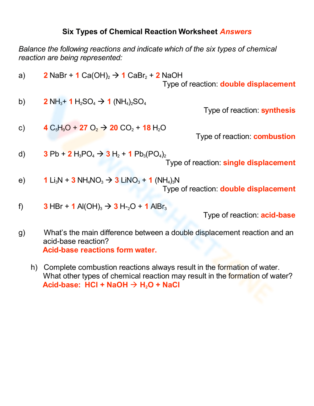 types of chemical reactions worksheet types of chemical reactions worksheet