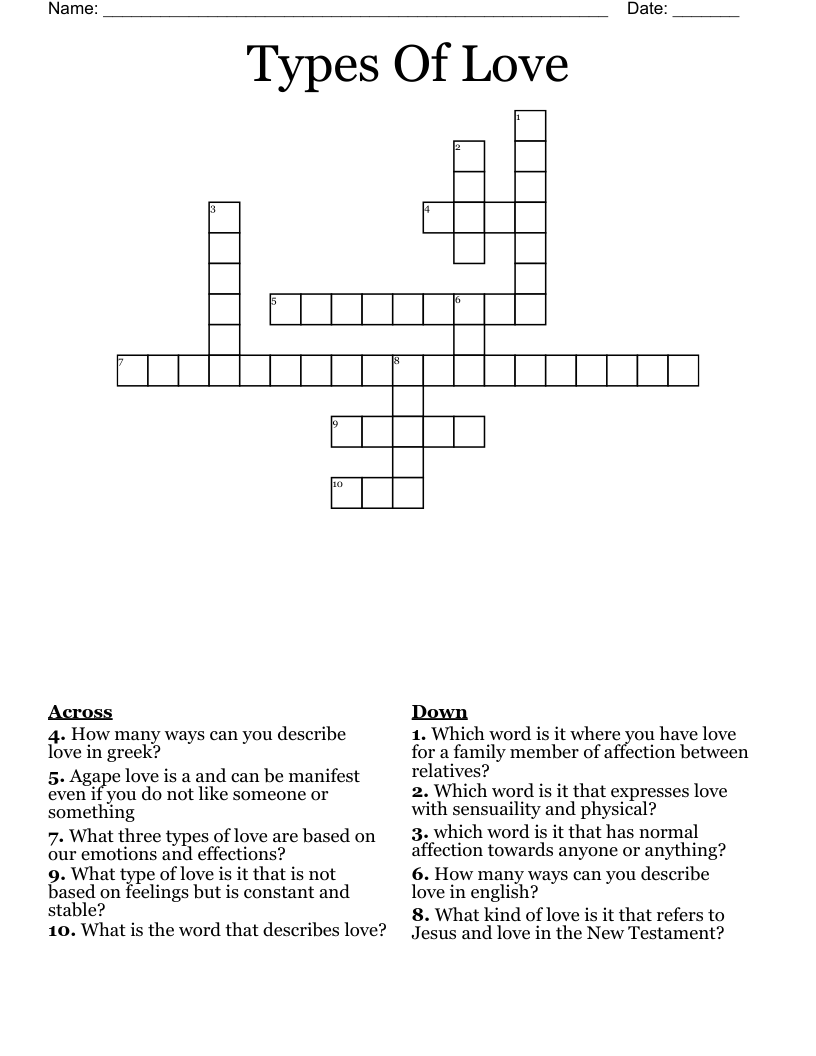 Types Of Love Crossword WordMint Types Of Love Crossword WordMint