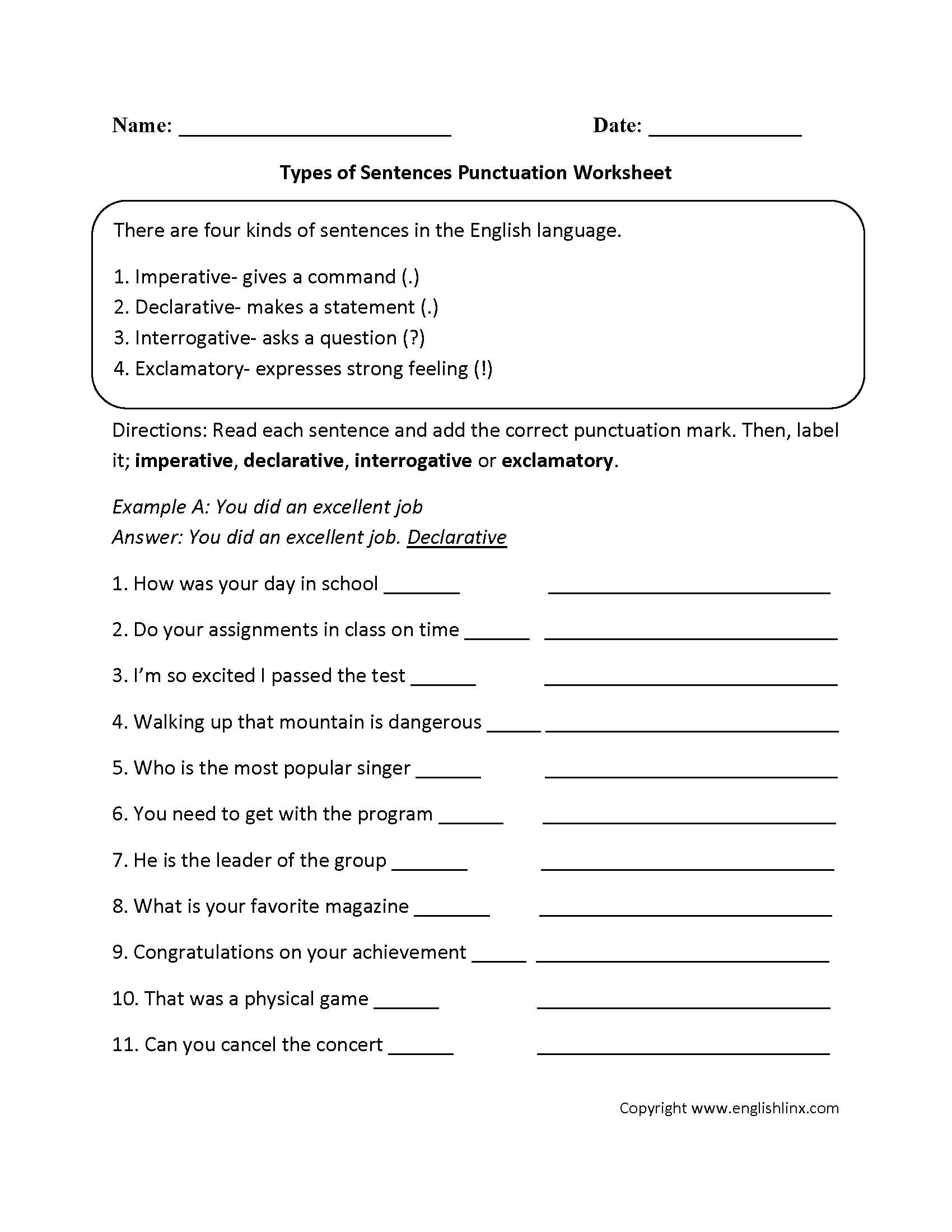 Types Of Sentences Worksheets Types Of Sentences With Punctuation Worksheet Types Of Sentences Worksheets Types Of Sentences With Punctuation Worksheet