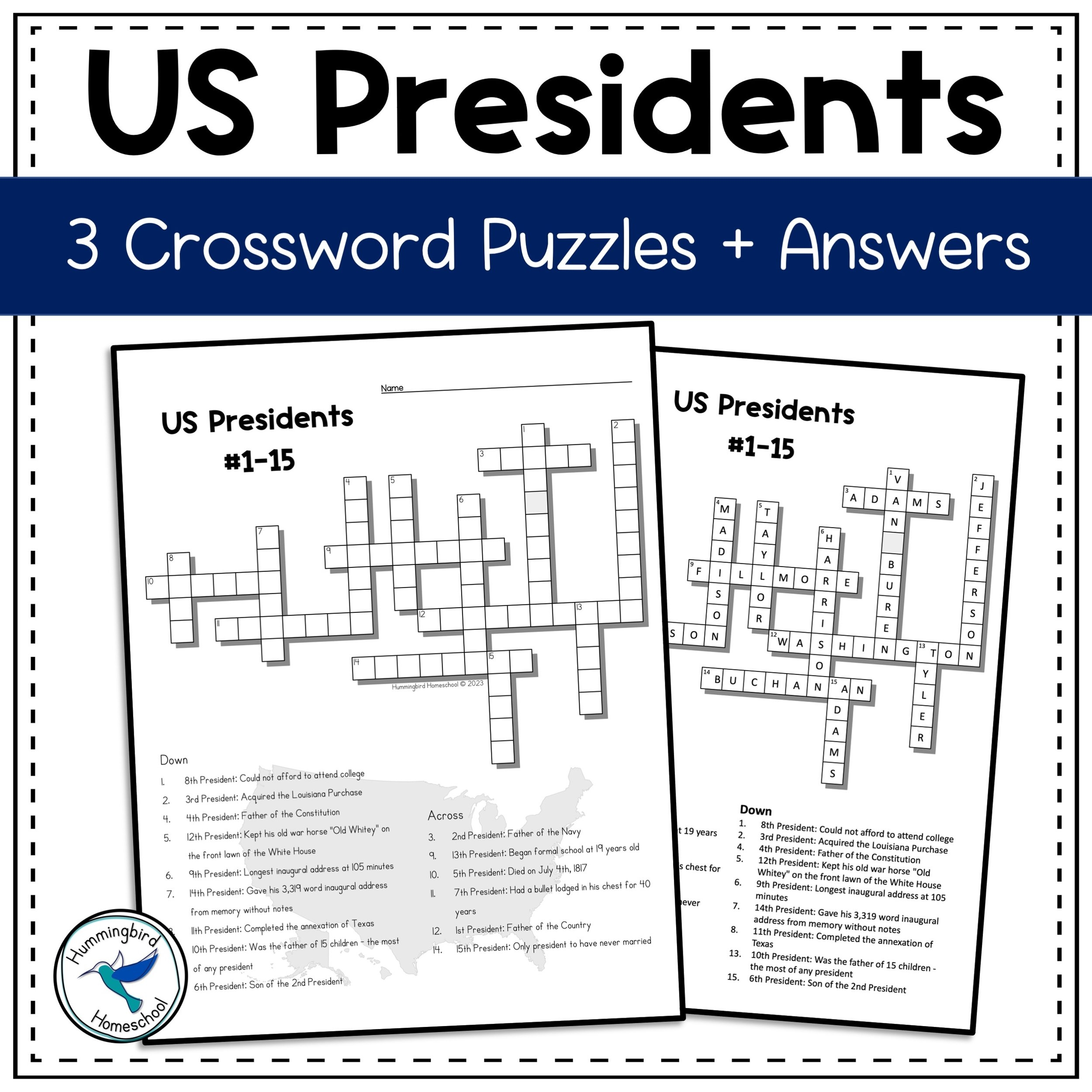 US Presidents Crossword Puzzles With Answers Hummingbird Homeschool US Presidents Crossword Puzzles With Answers Hummingbird Homeschool