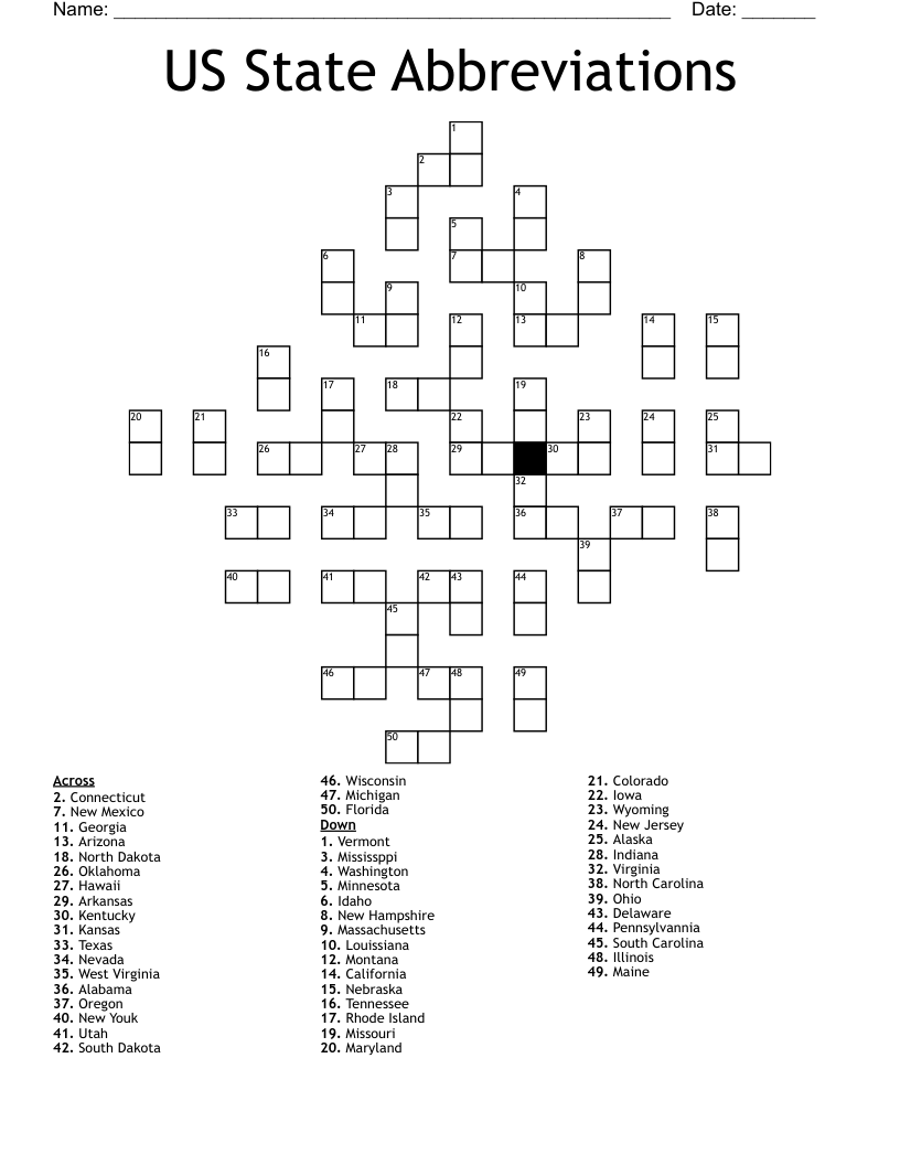 US State Abbreviations Crossword WordMint