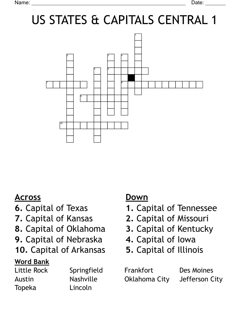 US STATES CAPITALS CENTRAL 1 Crossword WordMint US STATES CAPITALS CENTRAL 1 Crossword WordMint