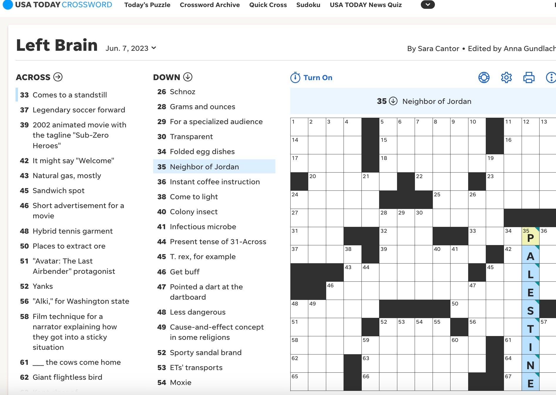 USA Today Crossword Calls Palestine A Jordan Neighbor JNS