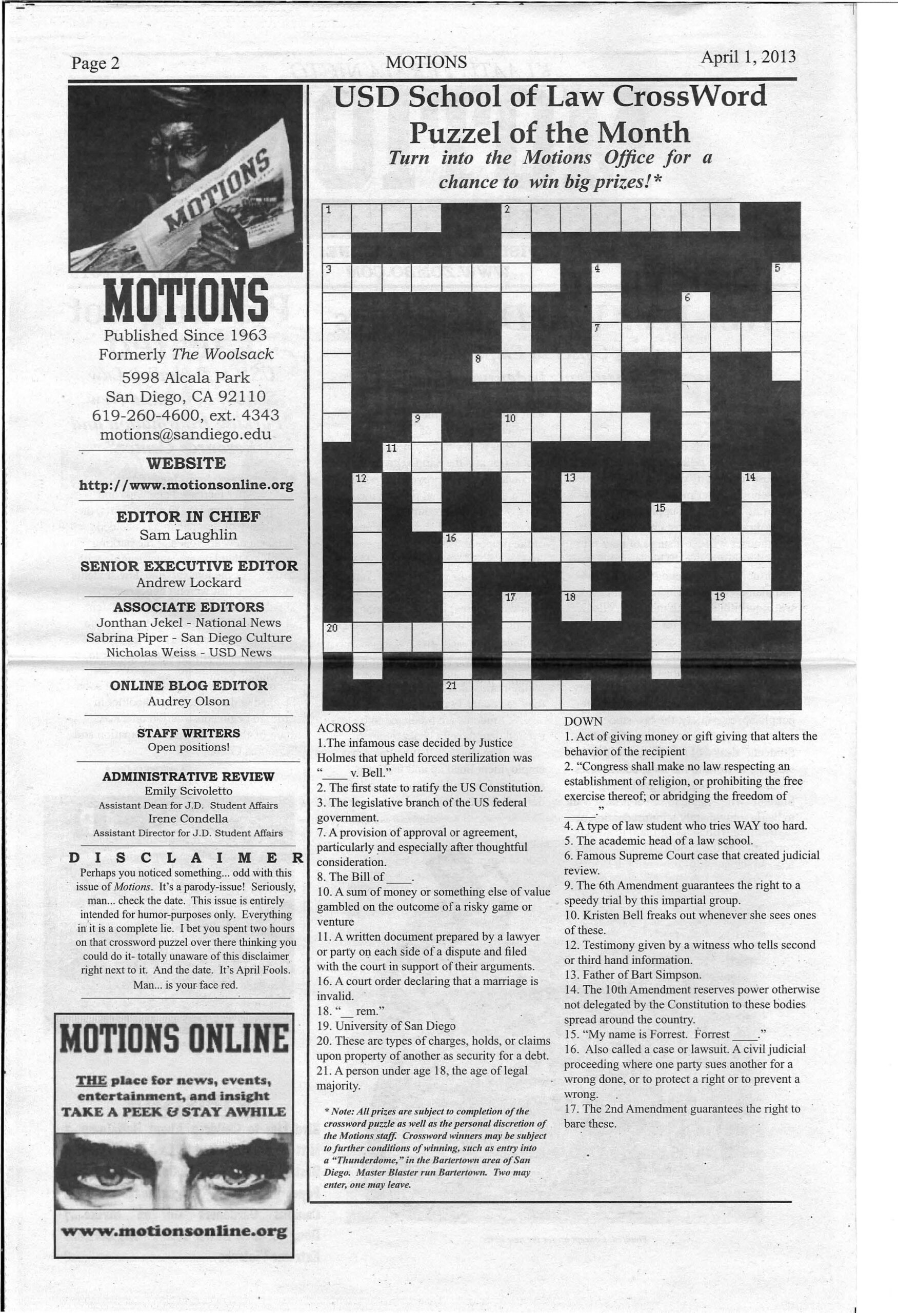 USD School Of Law Crossword Puzzel Of The Month Issuu